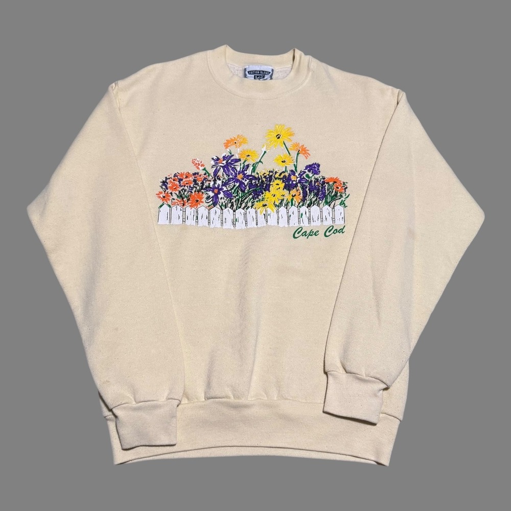 Vintage 90s Lee Cape Cod White Fence Flowers Yellow Stained Sweatshirt Women's S